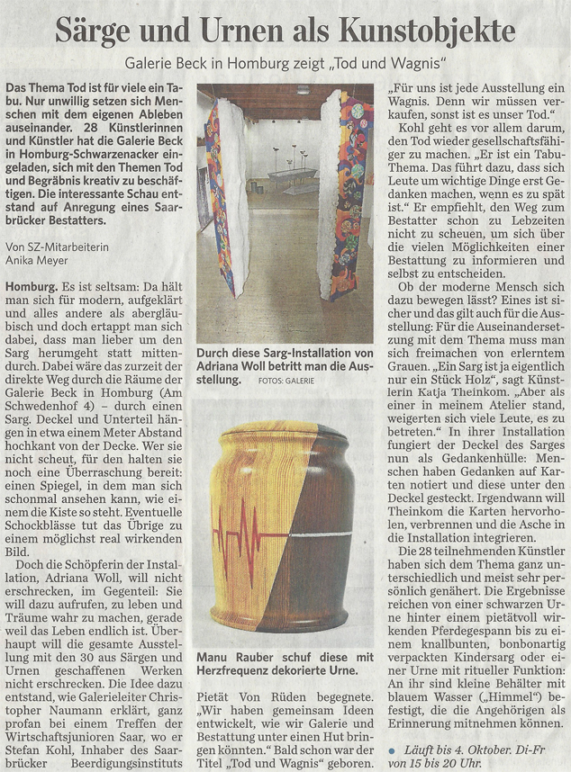 Saarbruecker Zeitung Tod und Wagnis Adriana Woll Galerie m Beck sarg casket coffin caixao pietaet von rueden enterro beerdigung burial trauer luto mourn.jpg